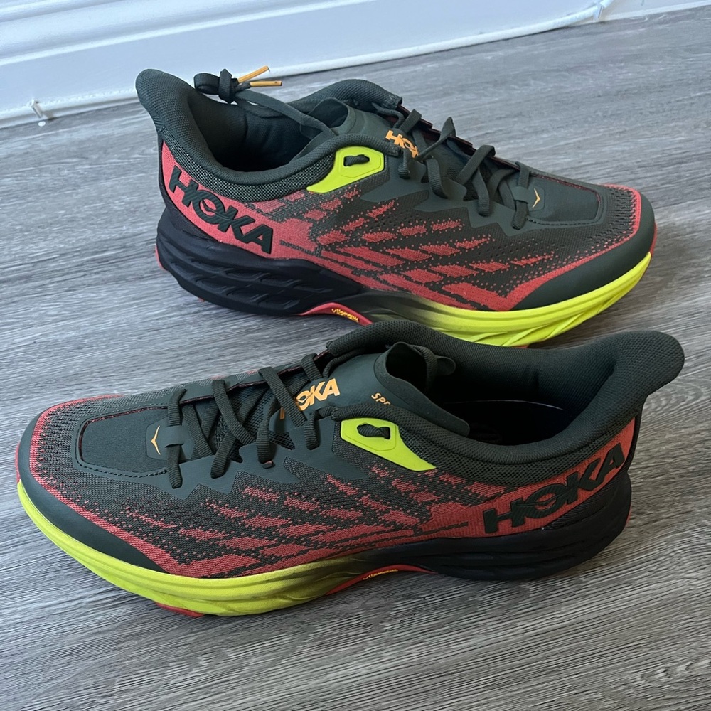 Hoka One One Sneakers in Black, Pink, and Yellow